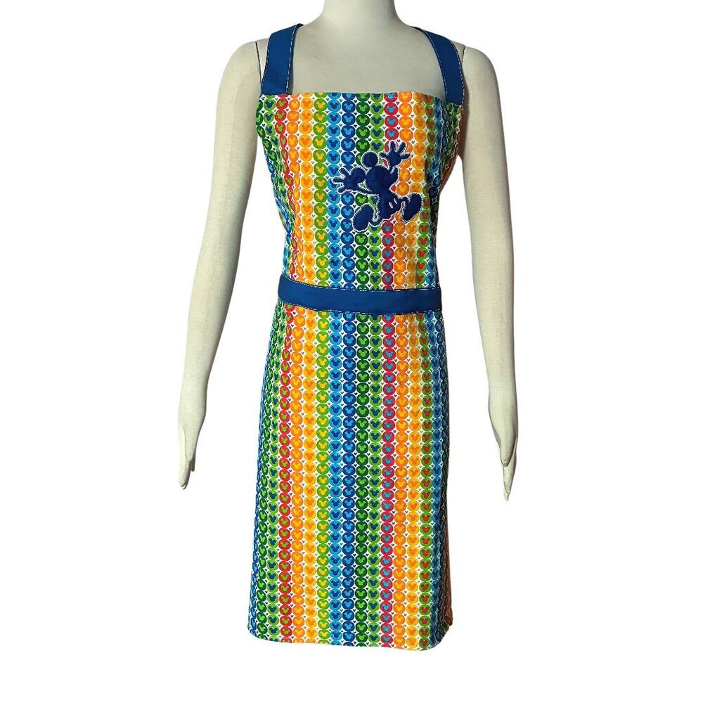 Disney Mickey Mouse Rainbow Stripe Kitchen Apron Blue Trim Graphic Print OS